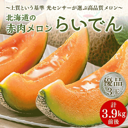 北海道の赤肉メロン らいでんメロン3玉【優品】