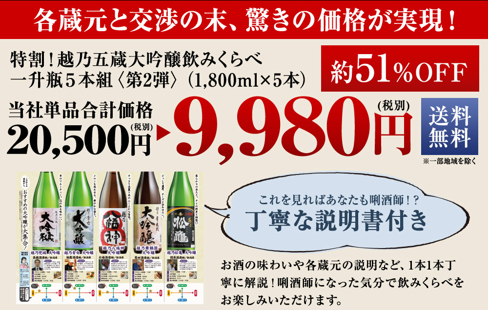 特割！越乃五蔵大吟醸飲みくらべ一升瓶５本組≪第２弾≫