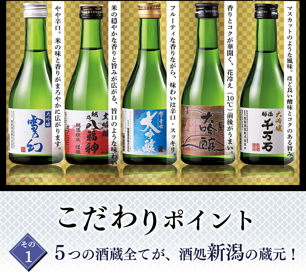 セット内容のご案内 こだわりポイントその1「5つの酒蔵全てが、酒処新潟の蔵元！」