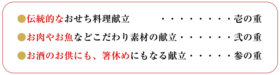 味付け・彩り・バランスを考えたご満足いただけるおせちです！