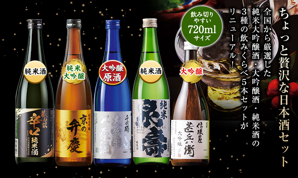 全国から厳選した純米大吟醸酒・大吟醸酒・純米酒の３種の飲みくらべ５本セット